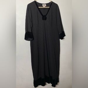 Vintage Zoe California Black V-Neck Velvet Trim Embroidered Dress XL